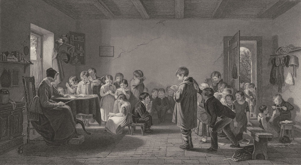 TOWNS. The Village school c1870 old antique vintage print picture